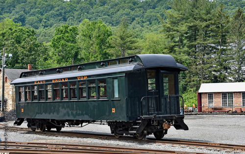 East Broad Top Railroad narrow gauge passenger coach #23 sits at Rockhill Furnace, PA after being restored in June 2023