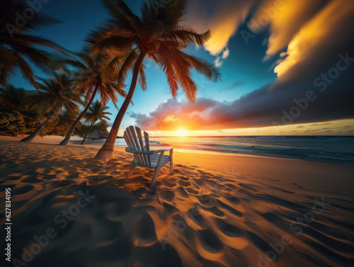 sunset at the beach with sunbed