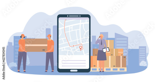 Online delivery service. Smartphone with gps navigation, man curlers carrying big parcel, manager talking on phone