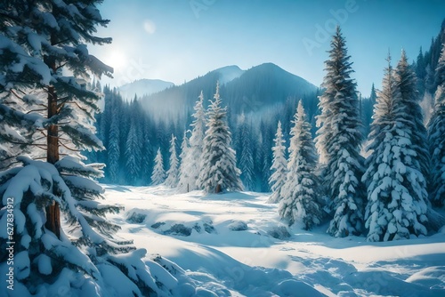 Winter landscape of forest trees covered with snow © Asad