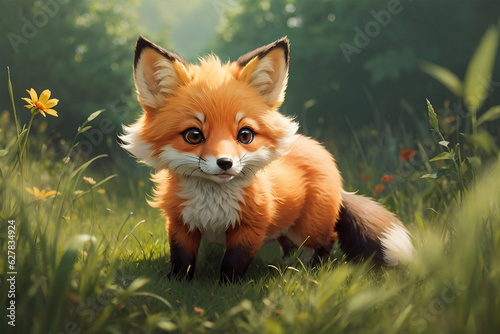 Cute character little fox in the grass. Created with Generative AI Tools