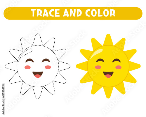 Trace and color cute little sun. Worksheet for kids