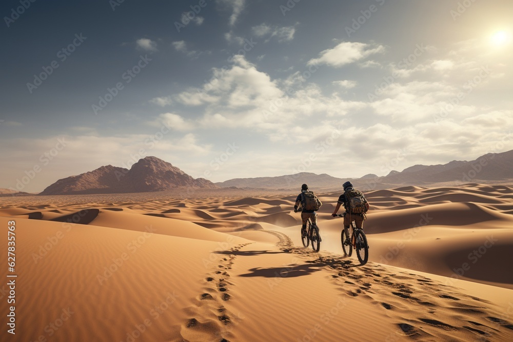 Photograph of people practicing adventure sports in vast, arid deserts, Generative AI