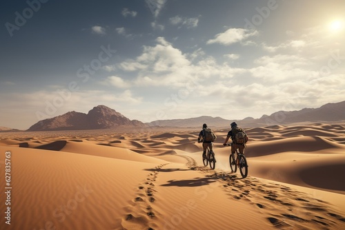 Photograph of people practicing adventure sports in vast  arid deserts  Generative AI