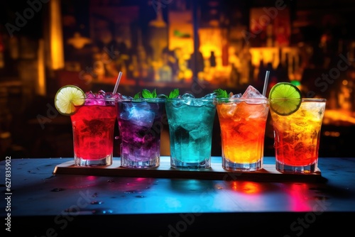 colorful cocktail shots in different colors on a table in a bar Generative AI