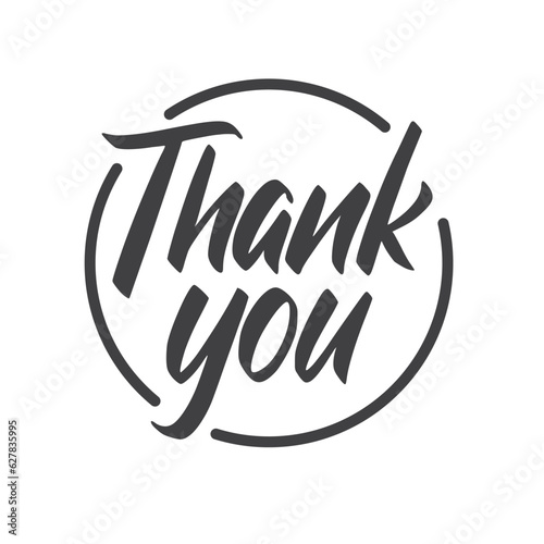 Thank you calligraphic message, hand drawn lettering text inside a circle.