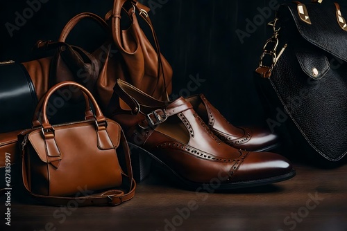 Leather bags and shoes of women on black background