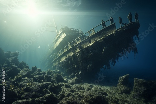 Photograph of people diving historic and mysterious shipwrecks, Generative AI