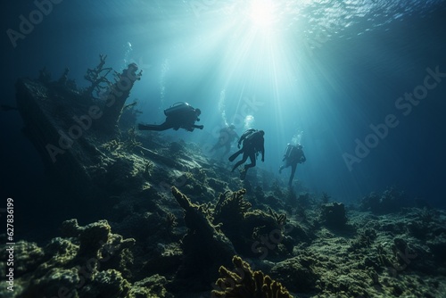 Photograph of people diving historic and mysterious shipwrecks  Generative AI