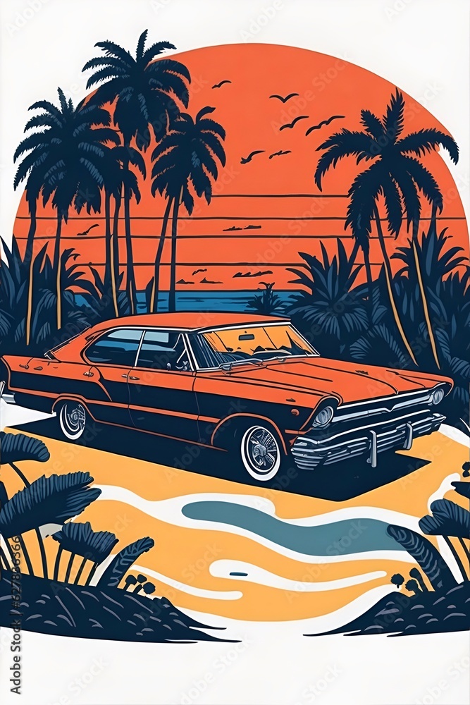 Retro car with Florida beach background. AI generated illustration