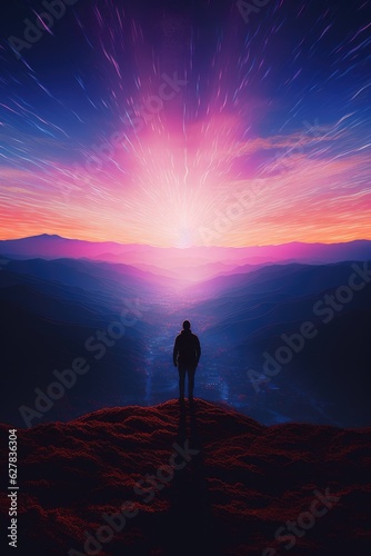 a person standing on a mountain summit overlooking a valley  sunrise in the morning