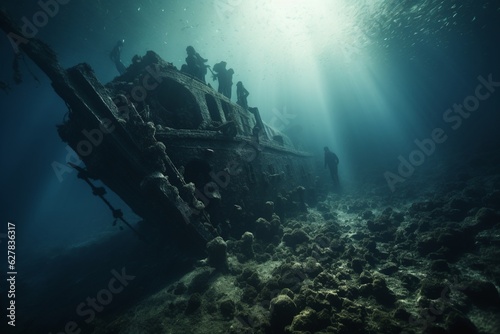 Photograph of people diving historic and mysterious shipwrecks, Generative AI © Nino46