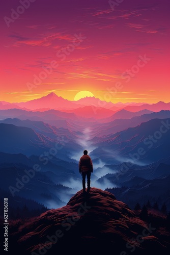 a person standing on a mountain summit overlooking a valley, sunrise in the morning