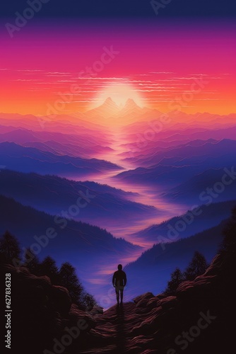a person standing on a mountain summit overlooking a valley  sunrise in the morning