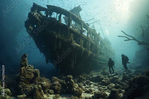 Photograph of people diving historic and mysterious shipwrecks, Generative AI