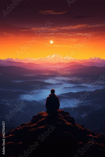 a person standing on a mountain summit overlooking a valley, sunrise in the morning