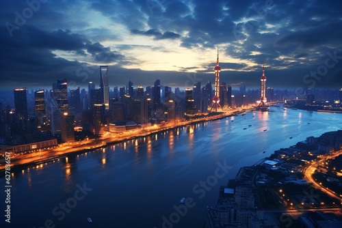 Photography of cityscapes with skyscrapers illuminated at dusk, Generative AI © Nino46