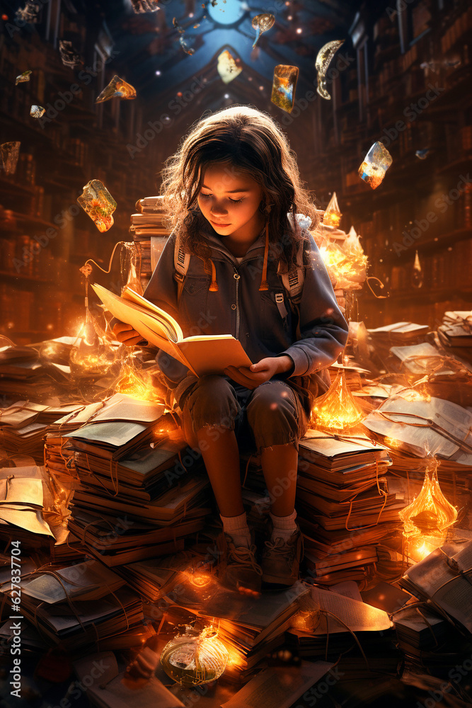 Fantasy Reader, teen Girl Among Towering Books, generative ai
