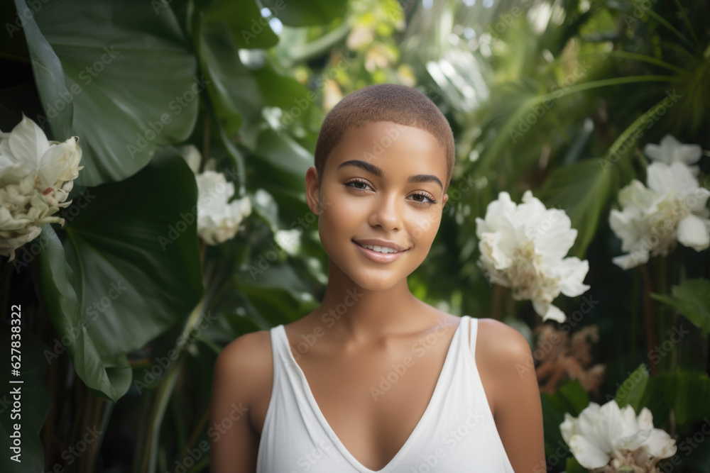 Happy smiling African American woman with short hair on tropical island. Happy smiling African American woman with short hair on tropical island.