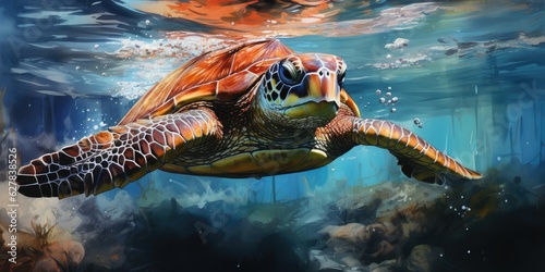 watercolor beautiful compelling sea turtle in coral reef 