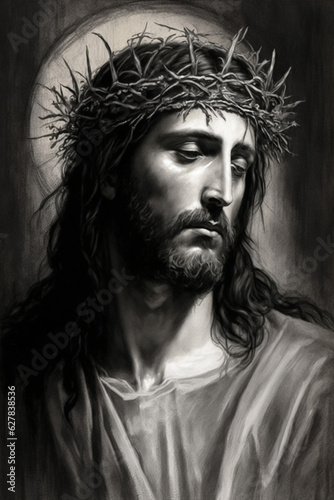 Religious Portrait Art Saviour Jesus Christ, Vintage Charcoal Illustration