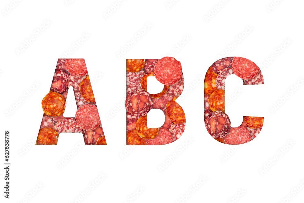 Sausage alphabet isolated on transparent background. Latin Food alphabet. Sausage letter A, B, C. PNG Sausage alphabet isolated on transparent background. Latin Food alphabet. Sausage letter A, B, C. PNG