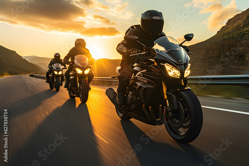 Fotobehang group of super sport motorcycle riders riding together at sunset