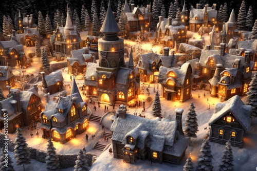 Fantasy Glowing Christmas Village. Generative AI © piai