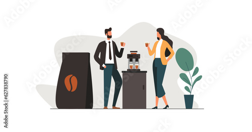 Business man and woman enjoying coffee near the coffee machine. Concept of office and home coffee break. Advertisement of new coffee in packaging. Flat illustration.