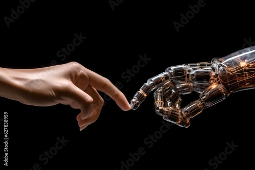 Human and robot hand touch each other with fingers. Generative AI