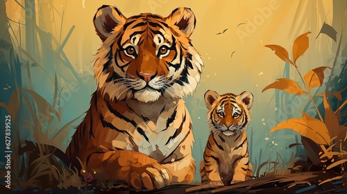 international tiger day  tiger  sitting with baby tiger painting of tiger  realistic forest background 