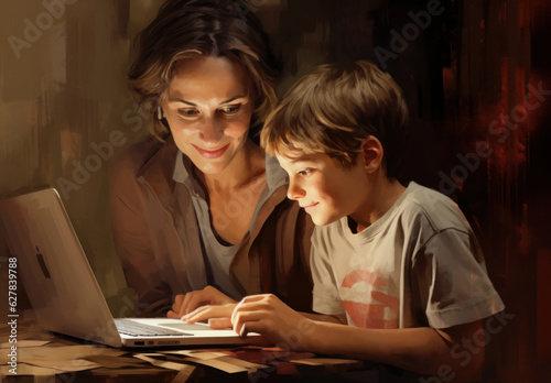 Illustration of a woman and a child using a laptop together