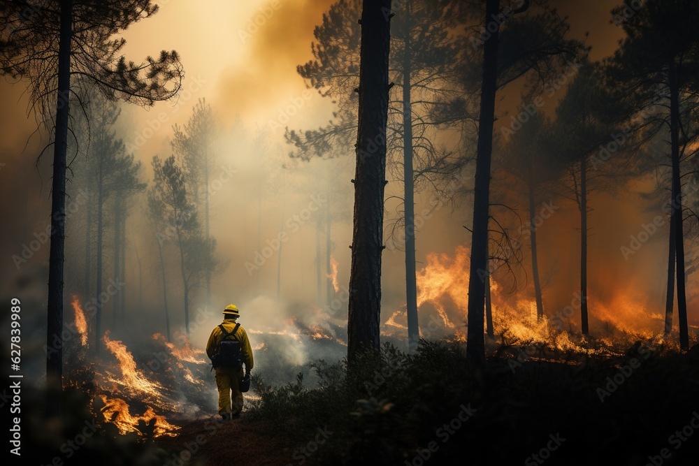 Fototapeta premium Feuerwehrmann bei einem Waldbrand, Generative AI