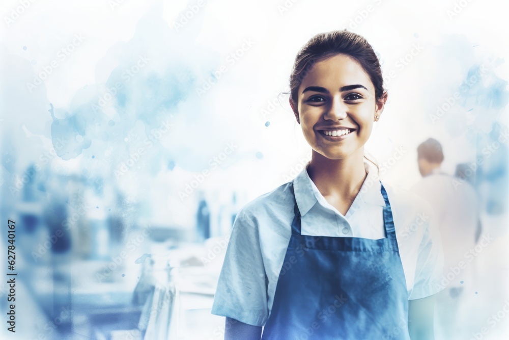 Blue Aquarelle Silhouettes of a Smiling Young Saleswoman with Arms Crossed, Skillfully Assisting Customers in Front of the Apron in a Supermarket, Crafted with the Style of Digital Airbrushing - obrazy, fototapety, plakaty 