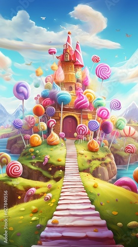 Sweet candy land. Cartoon game background, Sweet land with Candies, milk river, candy castle, colorful candy land 