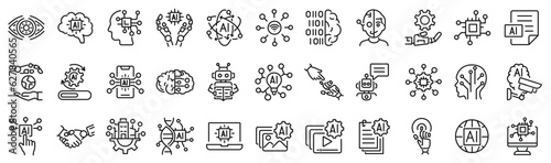 Set of outline icons related to AI, artificial intelligence. Linear icon collection. Editable stroke. Vector illustration