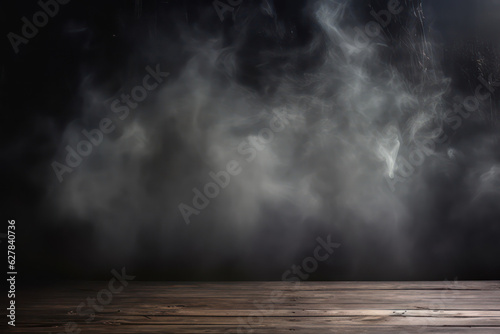 Empty wooden table with smoke float up on dark background. Fog In Darkness Smoke And Mist On Wooden Table.