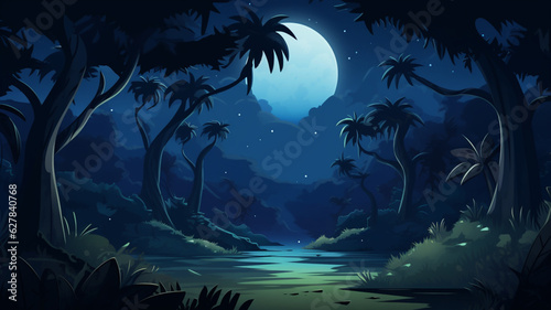 night jungle landscape cartoon, made with Generative AI © Annuitti
