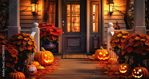 Halloween pumpkins and decorations outside a house. Night view of a house with halloween decoration, digital ai