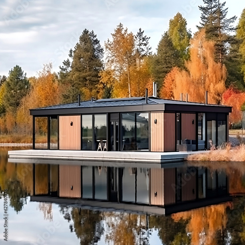 3D sketch of modern minimal style rectangular cottage house surrounded with fall forest on a lake with mirror reflection, created with Generative AI technology