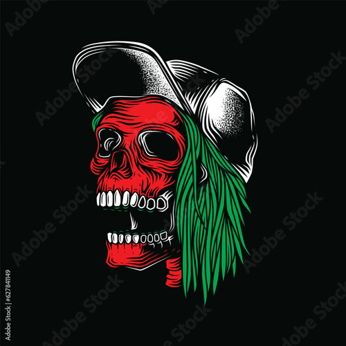 Original vector illustration in neon style. Skull rocker in a baseball cap with hair on one side.