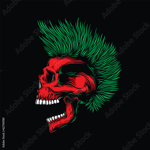 Original vector illustration on a white background. A skull with an open mouth and a punk rock hairstyle. T-shirt design, stickers, print.
