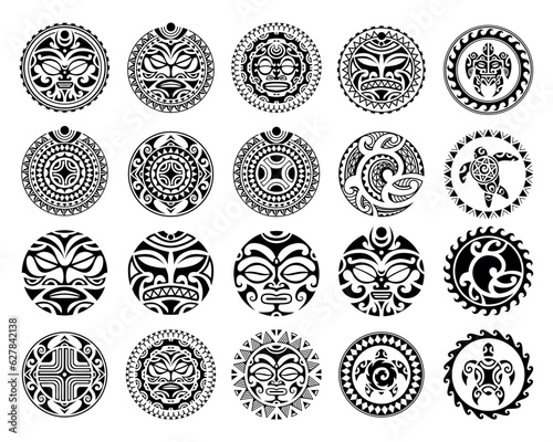 Set of round Maori tattoo ornament with sun symbols face and swastika. African, maya, aztec, ethnic, tribal style. Black and white