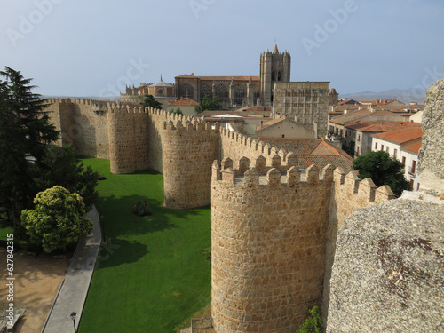 Historic medieval city walls and the Cathedral in the rear. Avila. Spain. UNESCO World Heritage. (12th century).