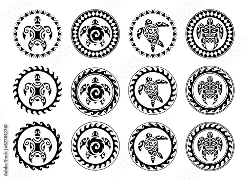 Set of round Maori tattoo ornament with sea turtle. African, maya, aztec, ethnic, tribal style. Black and white