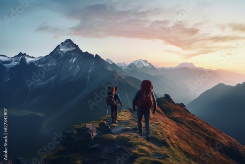 Photograph of people hiking in mountains with panoramic views at dusk, Generative AI