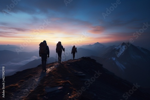 Photograph of people hiking in mountains with panoramic views at dusk, Generative AI © Nino46