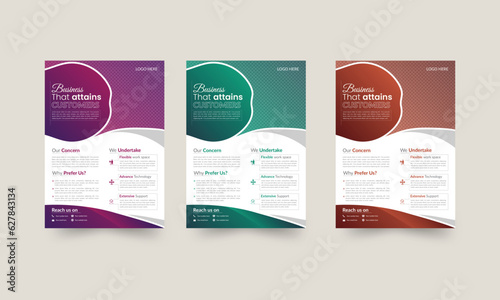Creative corporate flyer layout. Curvy concepts. Trendy multipurpose A4 size brochure design set of 3 gradient colors, easily editable. Space for background image, service. Green, purple, red-brown.