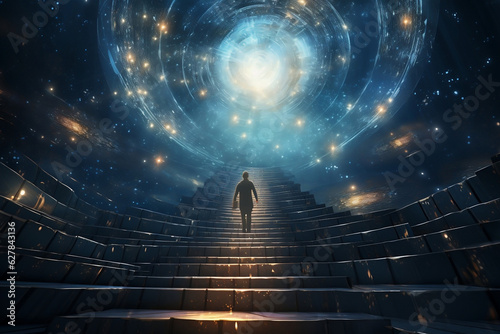 Stairway to the Divine: A luminous cosmic staircase ascends to the outstretched hand of God