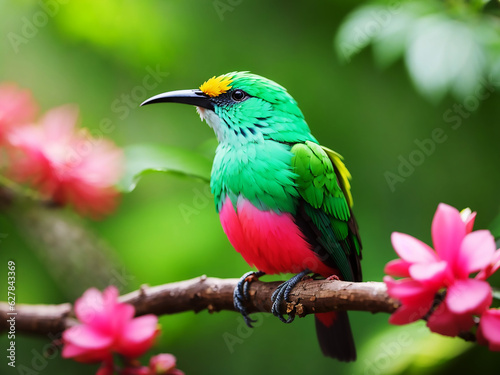 Bird perched on a branch with pink and blue flowers Generated by AI